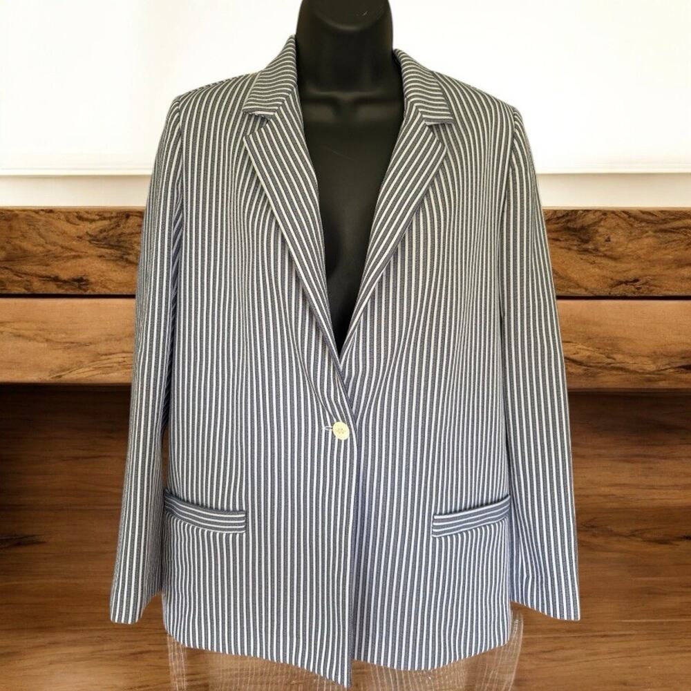Vintage Women’s Wardrobe Maker Blazer Suit Jacket Sz 12 Blue White Striped Retro